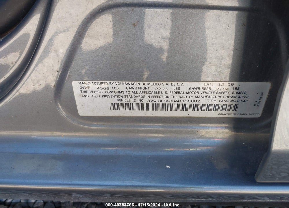 2010 VOLKSWAGEN JETTA S VIN: 3VWJX7AJ3AM080082