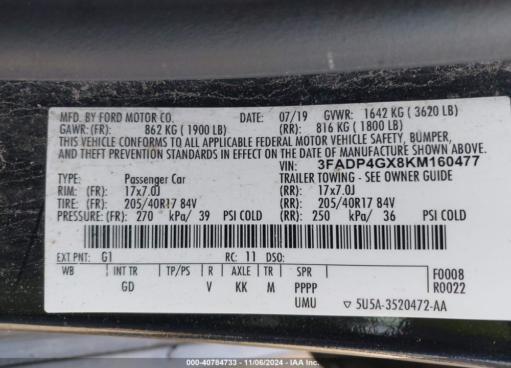 2019 FORD FIESTA VIN: 3FADP4GX8KM160477