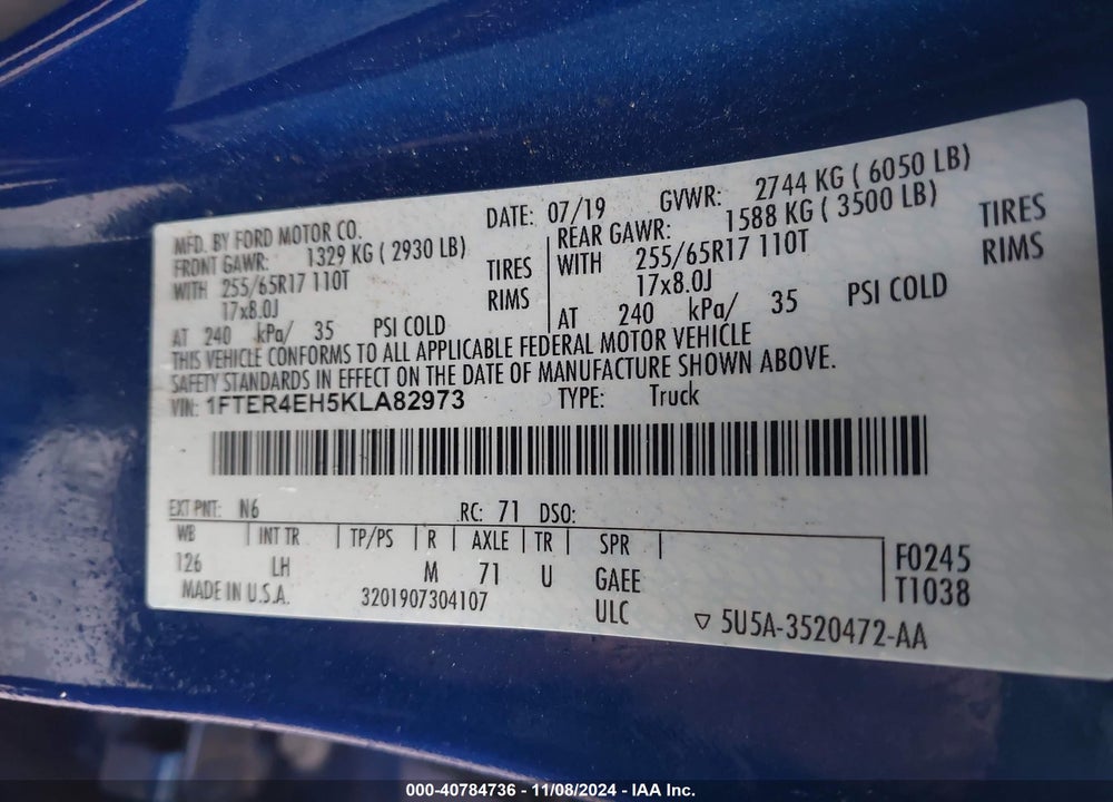 2019 FORD RANGER XLT VIN: 1FTER4EH5KLA82973