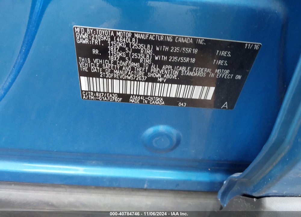 2017 TOYOTA RAV4 LIMITED VIN: 2T3DFREV0HW572637