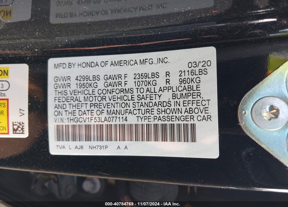 2020 HONDA ACCORD EX-L VIN: 1HGCV1F53LA077114