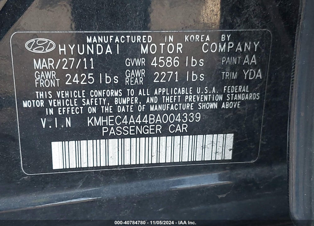 2011 HYUNDAI SONATA HYBRID VIN: KMHEC4A44BA004339