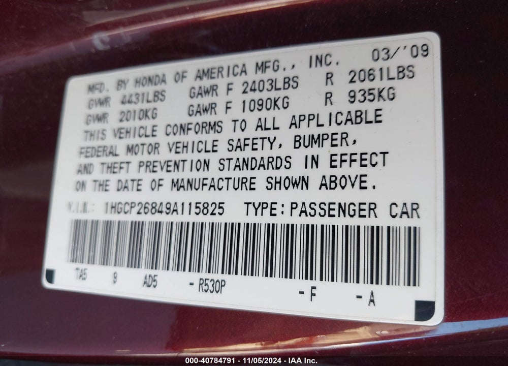 2009 HONDA ACCORD 2.4 EX-L VIN: 1HGCP26849A115825