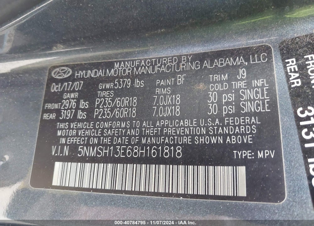 2008 HYUNDAI SANTA FE LIMITED/SE VIN: 5NMSH13E68H161818