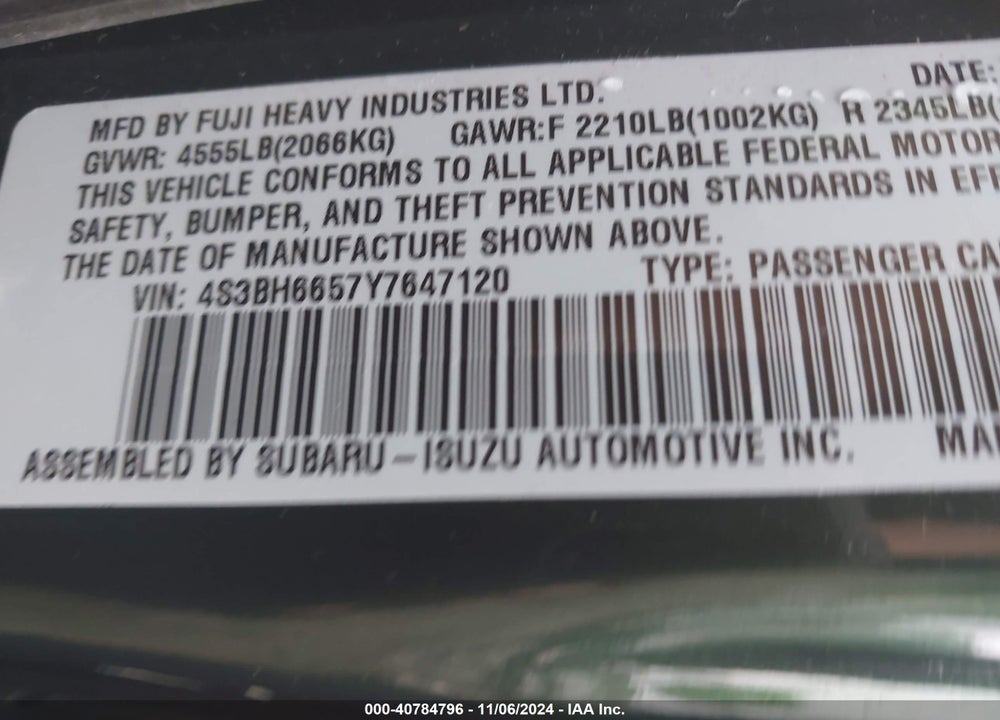2000 SUBARU OUTBACK VIN: 4S3BH6657Y7647120