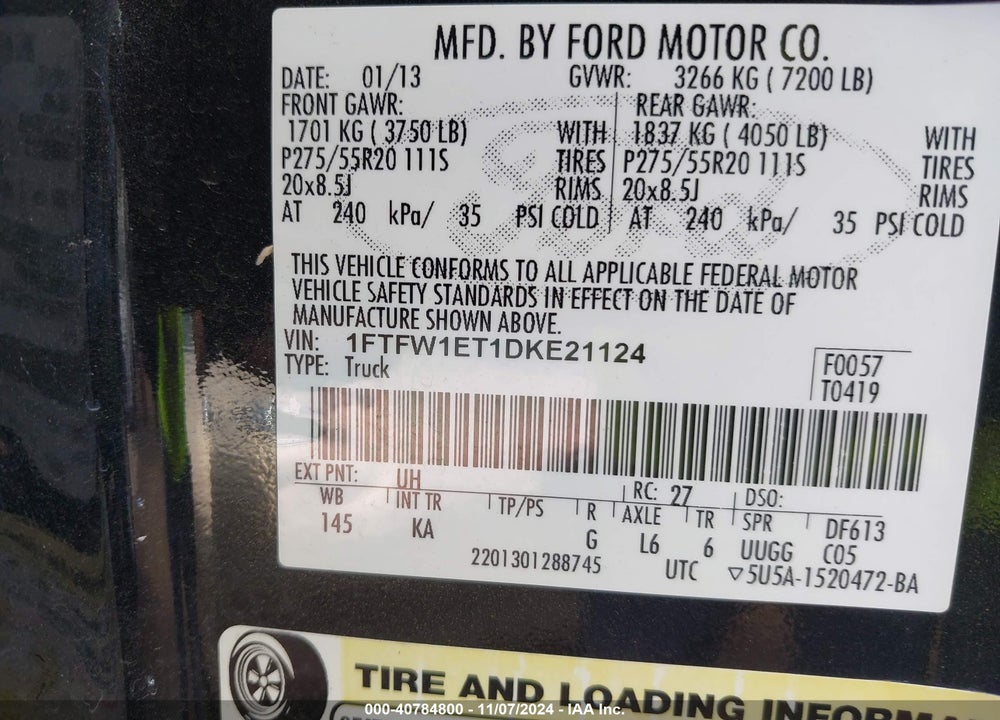 2013 FORD F-150 KING RANCH VIN: 1FTFW1ET1DKE21124