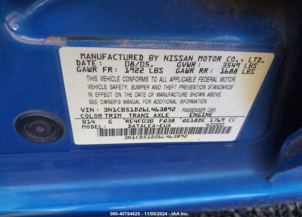 2006 NISSAN SENTRA 1.8/1.8S VIN: 3N1CB51D26L463892