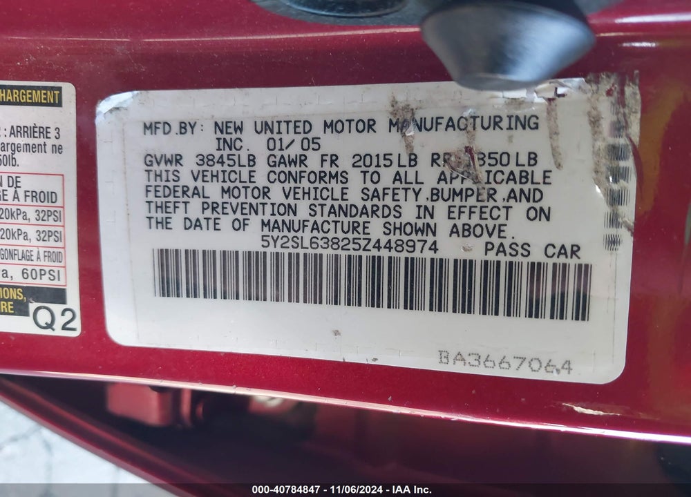 2005 PONTIAC VIBE VIN: 5Y2SL63825Z448974