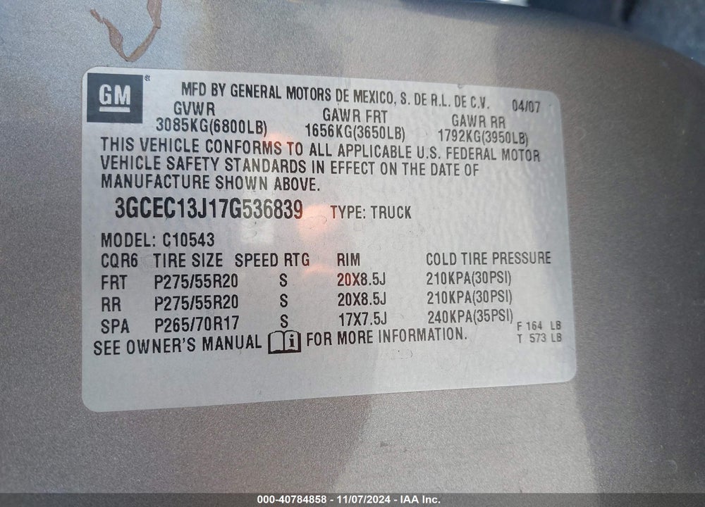 2007 CHEVROLET SILVERADO 1500 LT1 VIN: 3GCEC13J17G536839