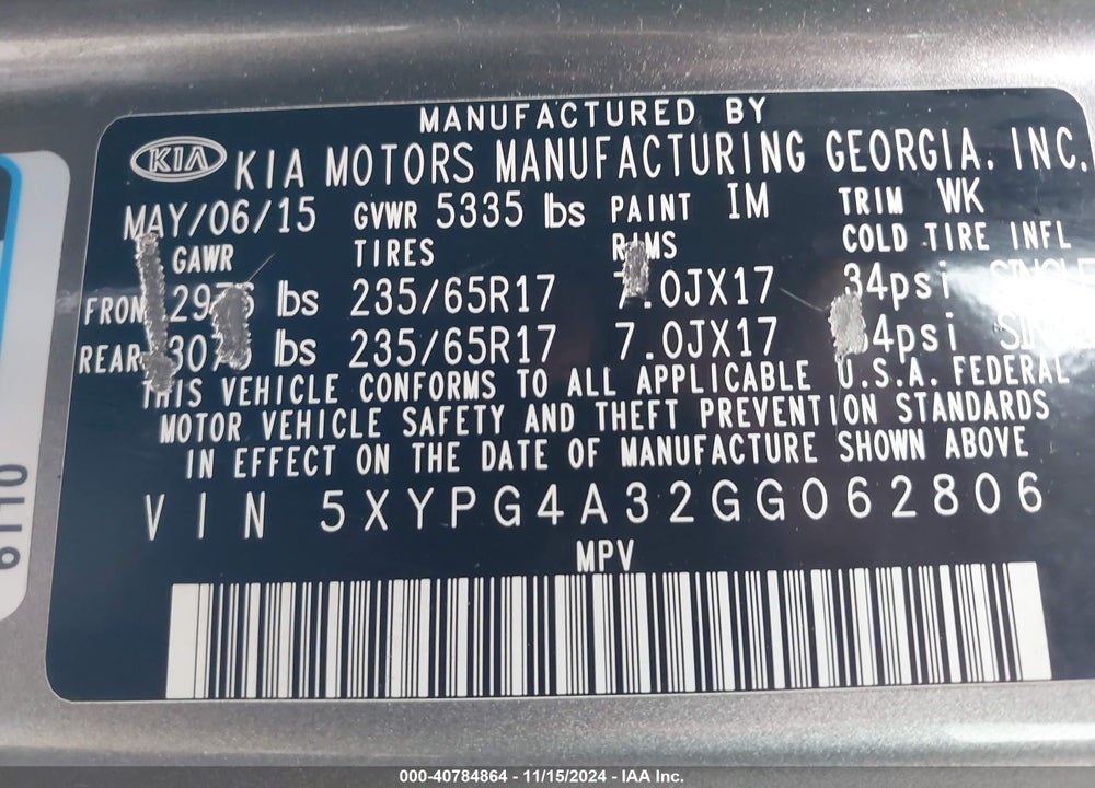 2016 KIA SORENTO 2.4L LX VIN: 5XYPG4A32GG062806