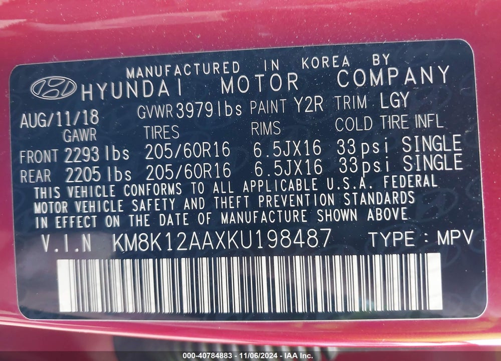 2019 HYUNDAI KONA SE VIN: KM8K12AAXKU198487