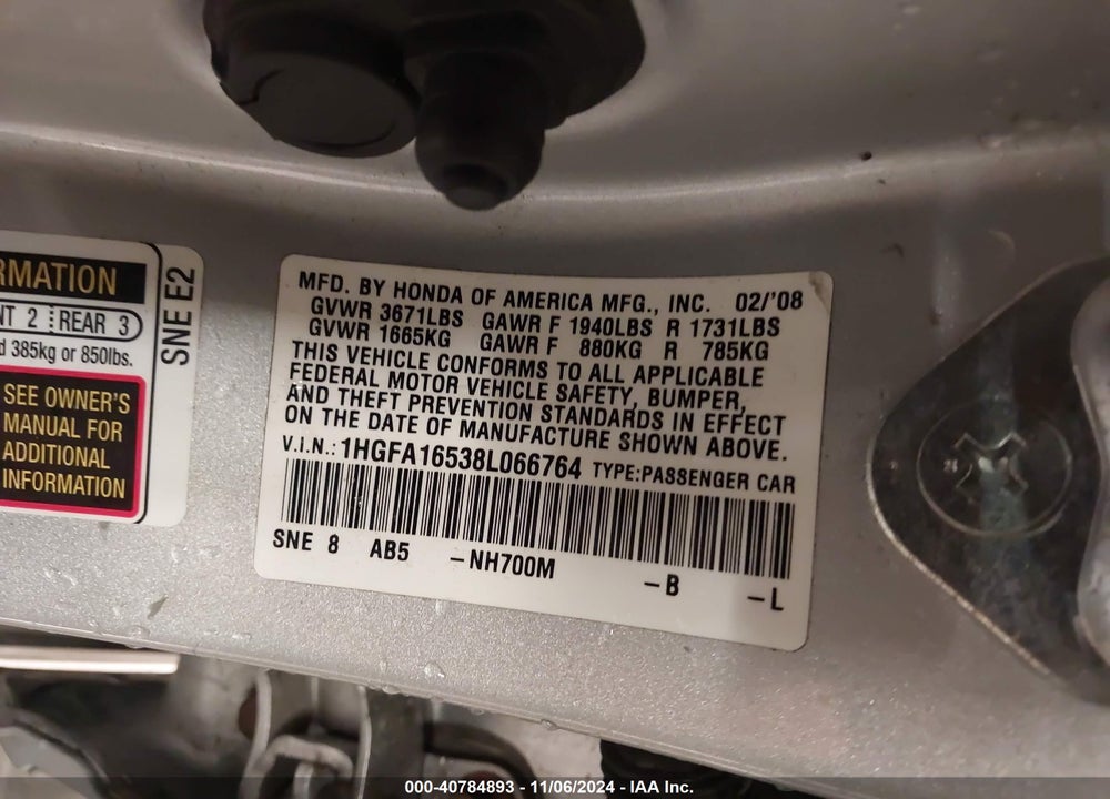 2008 HONDA CIVIC LX VIN: 1HGFA16538L066764