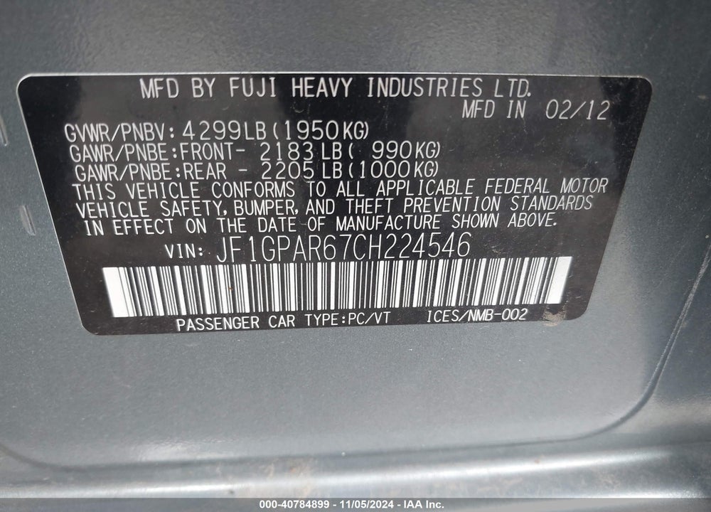 2012 SUBARU IMPREZA 2.0I SPORT LIMITED VIN: JF1GPAR67CH224546