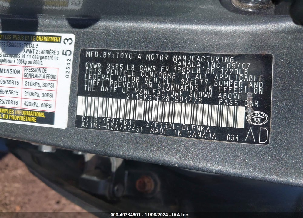2008 TOYOTA COROLLA LE VIN: 2T1BR30E28C901478