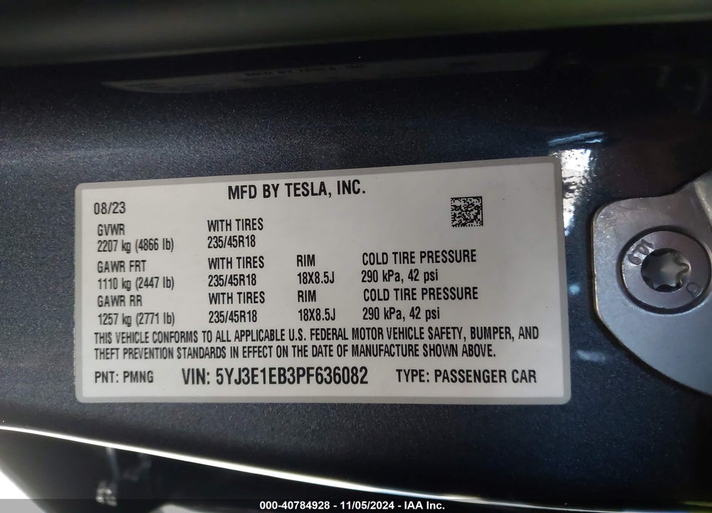2023 TESLA MODEL 3 LONG RANGE DUAL MOTOR ALL-WHEEL DRIVE VIN: 5YJ3E1EB3PF636082