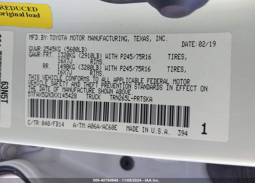 2019 TOYOTA TACOMA VIN: 5TFAX5GN3KX145428
