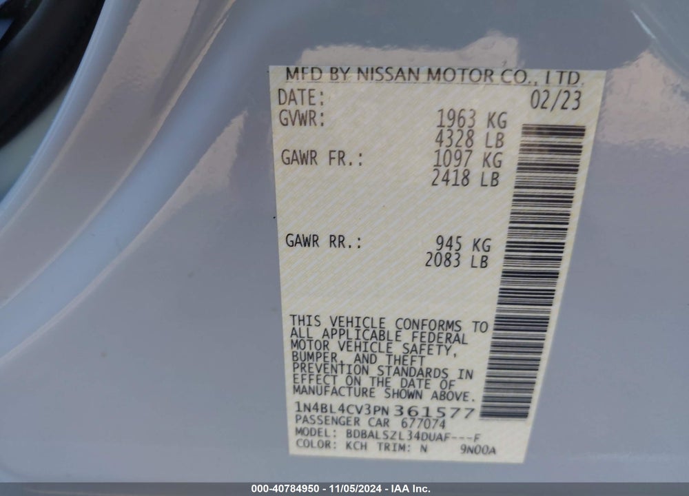 2023 NISSAN ALTIMA SR FWD VIN: 1N4BL4CV3PN361577