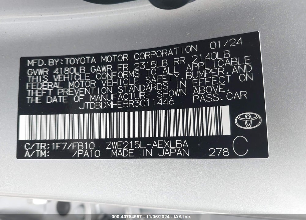 2024 TOYOTA COROLLA HYBRID LE VIN: JTDBDMHE5R3011446