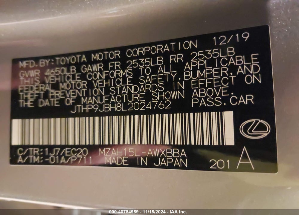 2020 LEXUS UX 250H VIN: JTHP9JBH8L2024762