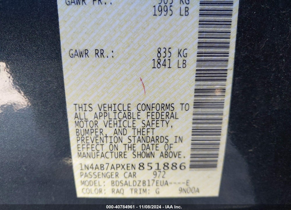 2014 NISSAN SENTRA FE+ S/FE+ SV/S/SL/SR/SV VIN: 1N4AB7APXEN851886