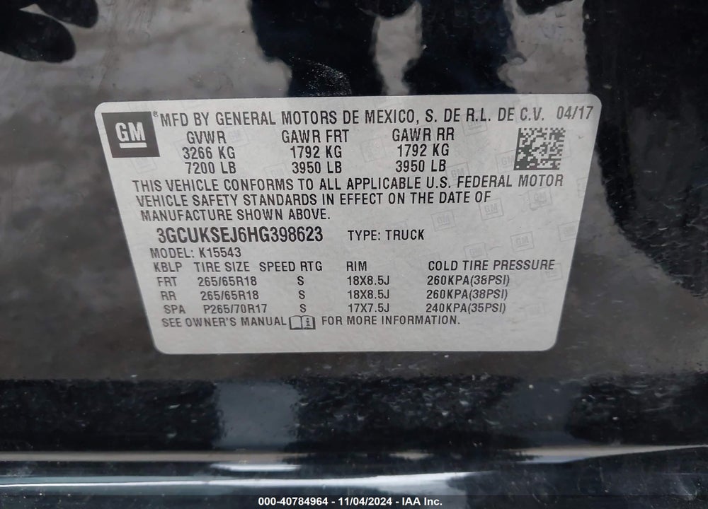 2017 CHEVROLET SILVERADO 1500 2LZ VIN: 3GCUKSEJ6HG398623