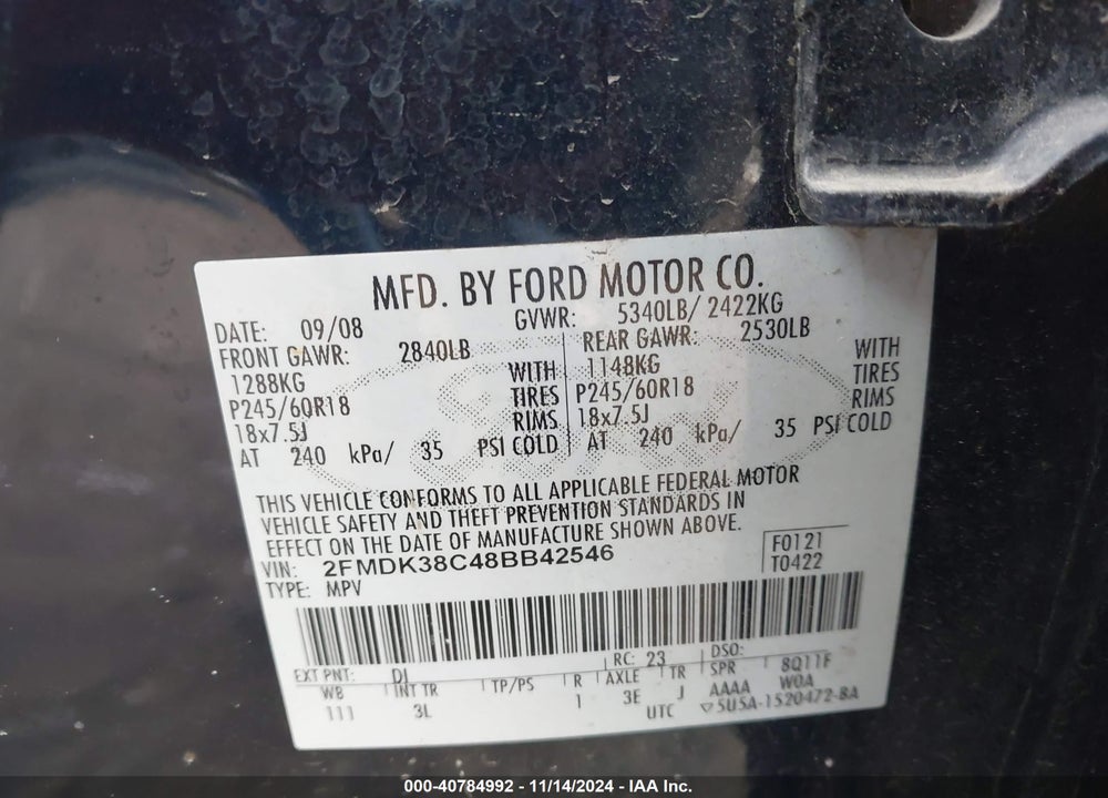 2008 FORD EDGE SEL VIN: 2FMDK38C48BB42546