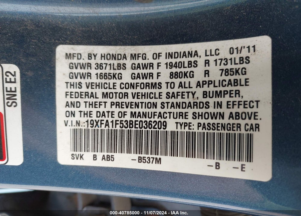 2011 HONDA CIVIC LX VIN: 19XFA1F53BE036209