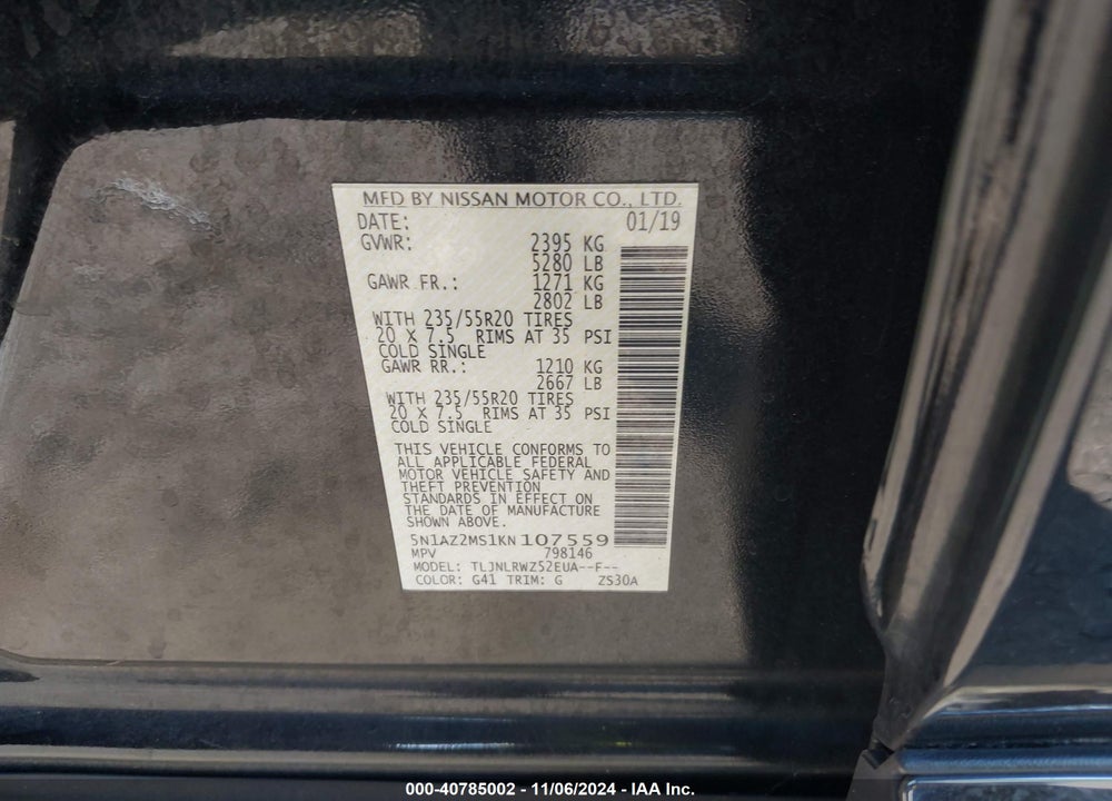 2019 NISSAN MURANO VIN: 5N1AZ2MS1KN107559