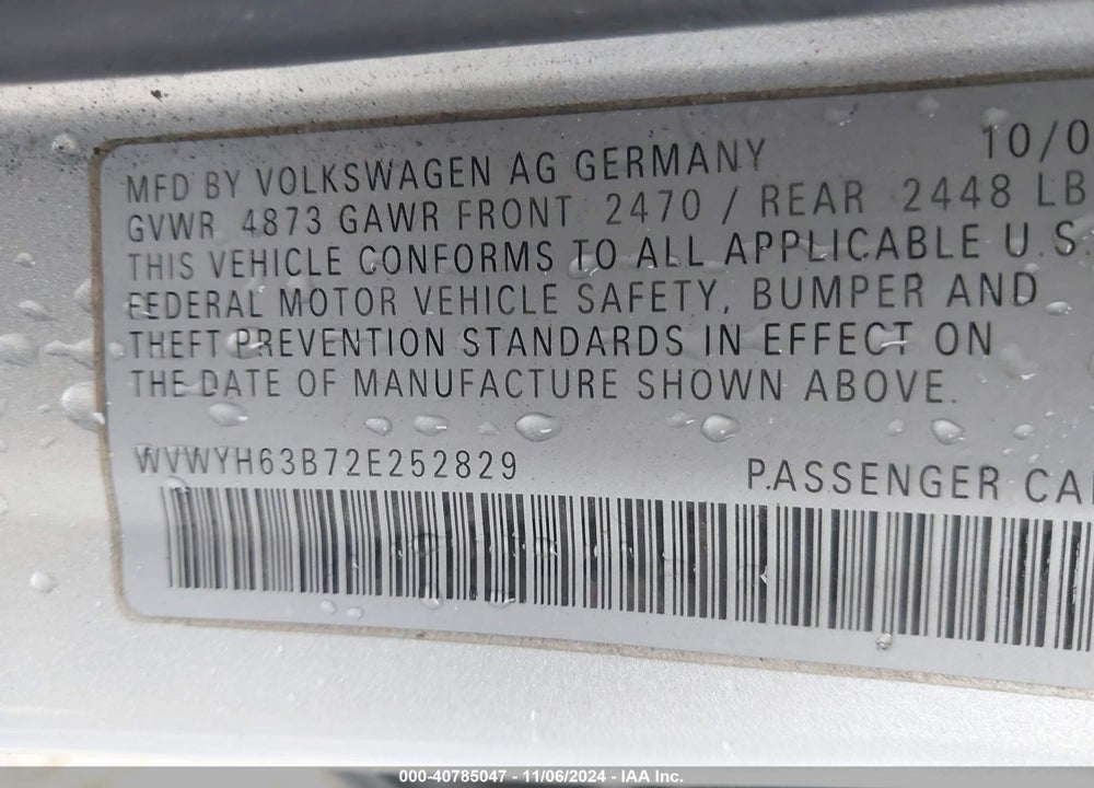 2002 VOLKSWAGEN PASSAT GLX VIN: WVWYH63B72E252829
