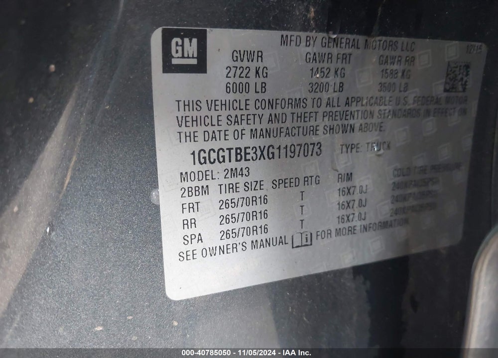 2016 CHEVROLET COLORADO VIN: 1GCGTBE3XG1197073