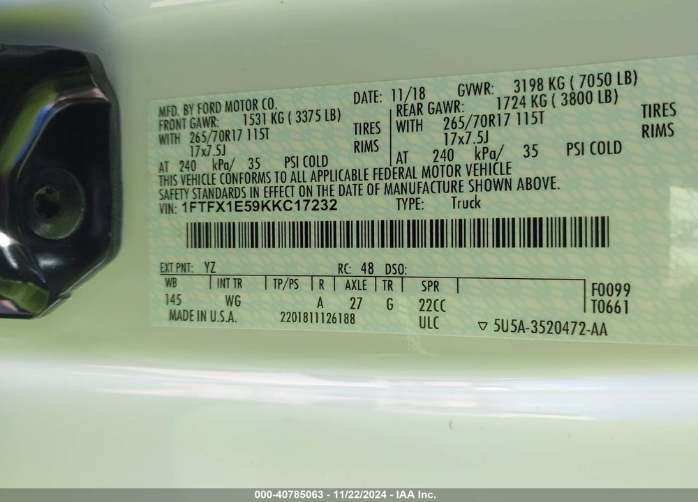 2019 FORD F-150 XL VIN: 1FTFX1E59KKC17232