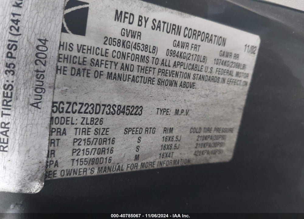 2003 SATURN VUE 4 CYL VIN: 5GZCZ23D73S845223