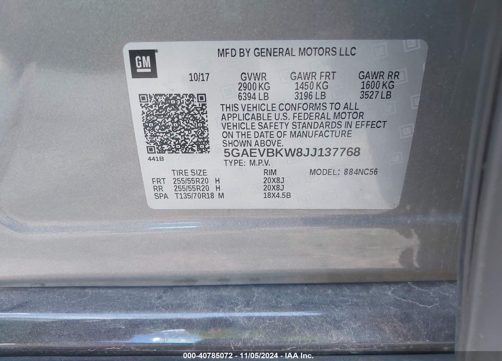 2018 BUICK ENCLAVE PREMIUM VIN: 5GAEVBKW8JJ137768