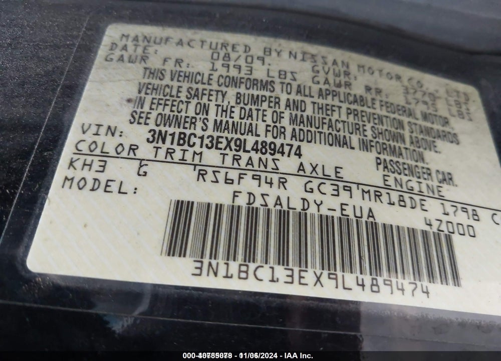 2009 NISSAN VERSA VIN: 3N1BC13EX9L489474