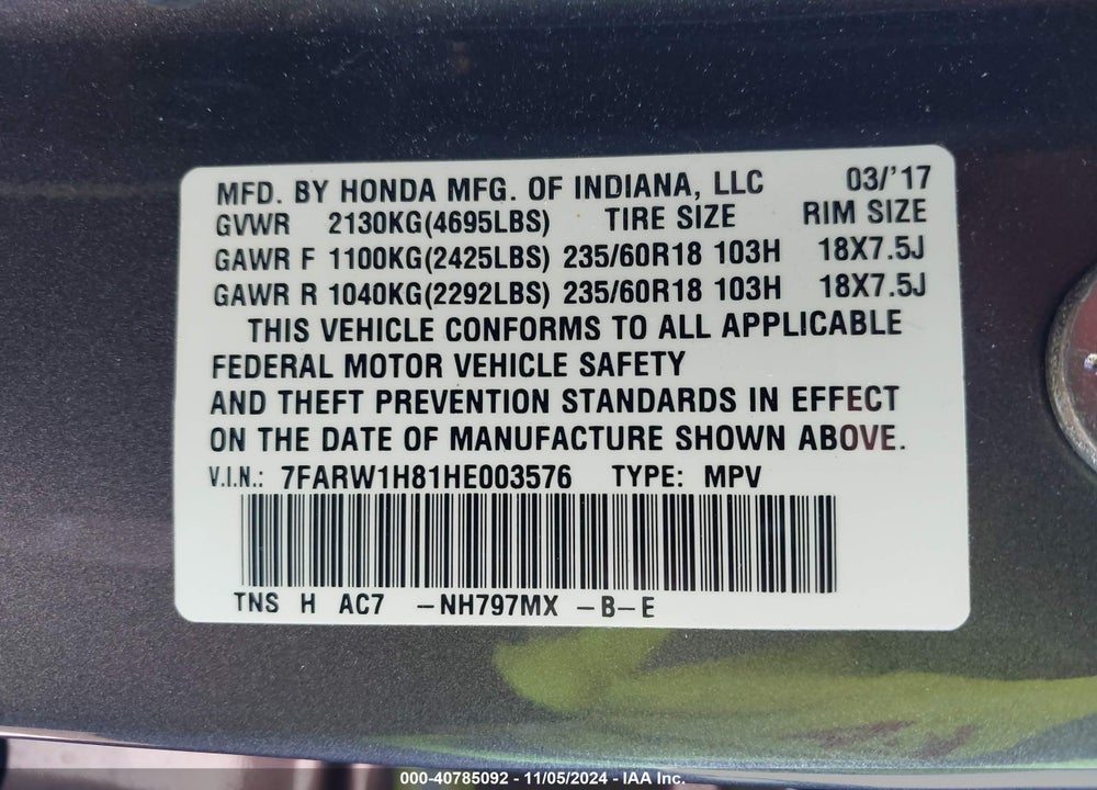 2017 HONDA CR-V EX-L/EX-L NAVI VIN: 7FARW1H81HE003576