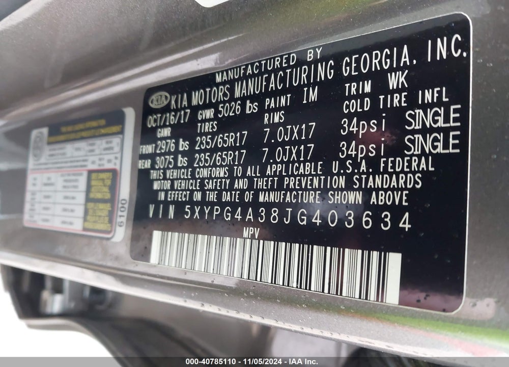 2018 KIA SORENTO 2.4L L VIN: 5XYPG4A38JG403634