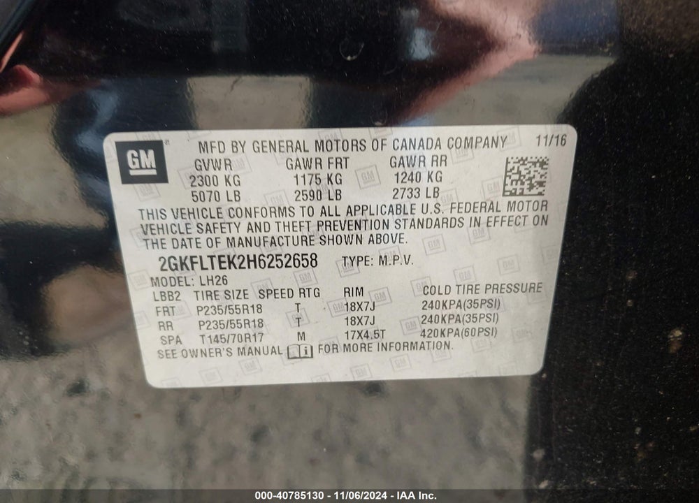 2017 GMC TERRAIN SLE-2 VIN: 2GKFLTEK2H6252658