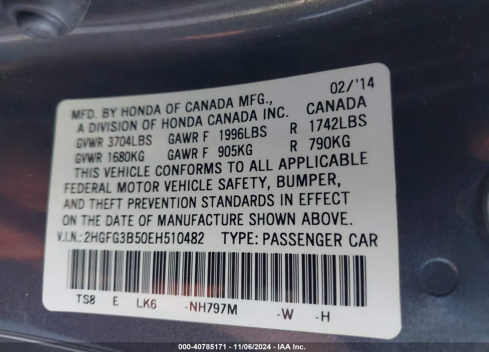 2014 HONDA CIVIC LX VIN: 2HGFG3B50EH510482