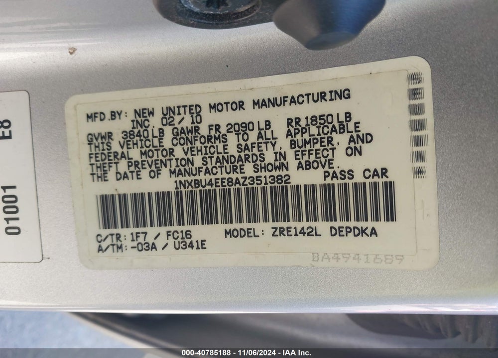 2010 TOYOTA COROLLA LE VIN: 1NXBU4EE8AZ351382