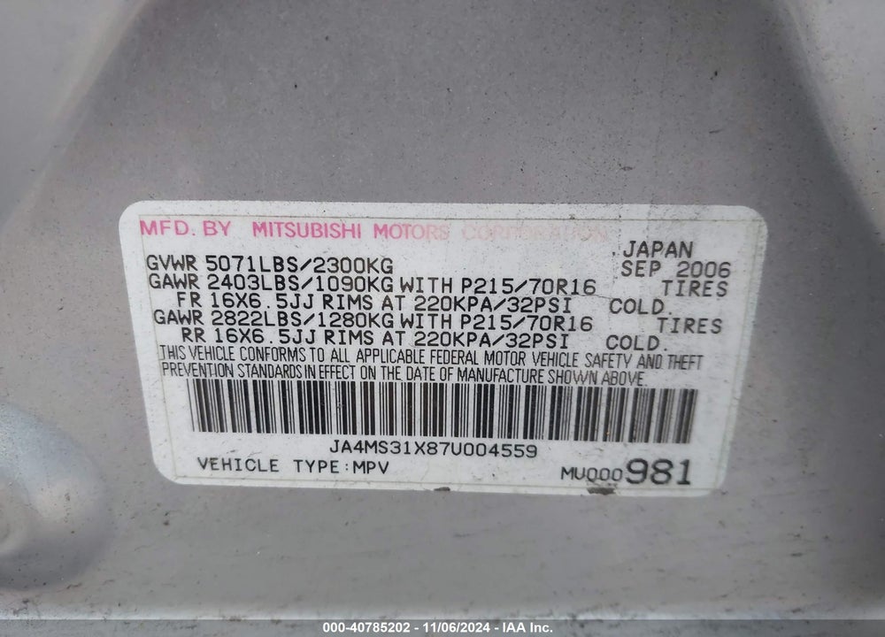 2007 MITSUBISHI OUTLANDER ES/LS VIN: JA4MS31X87U004559