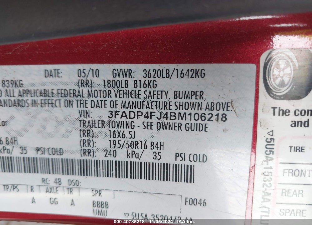 2011 FORD FIESTA SES VIN: 3FADP4FJ4BM106218