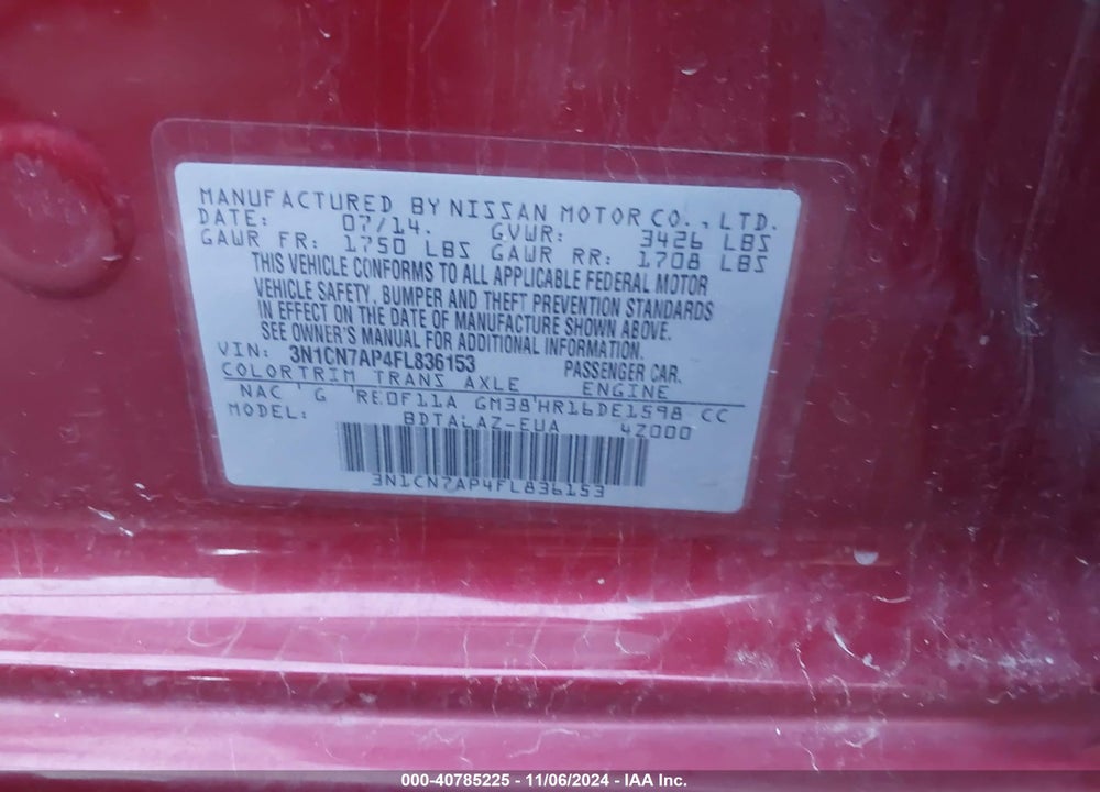 2015 NISSAN VERSA 1.6 S+ VIN: 3N1CN7AP4FL836153