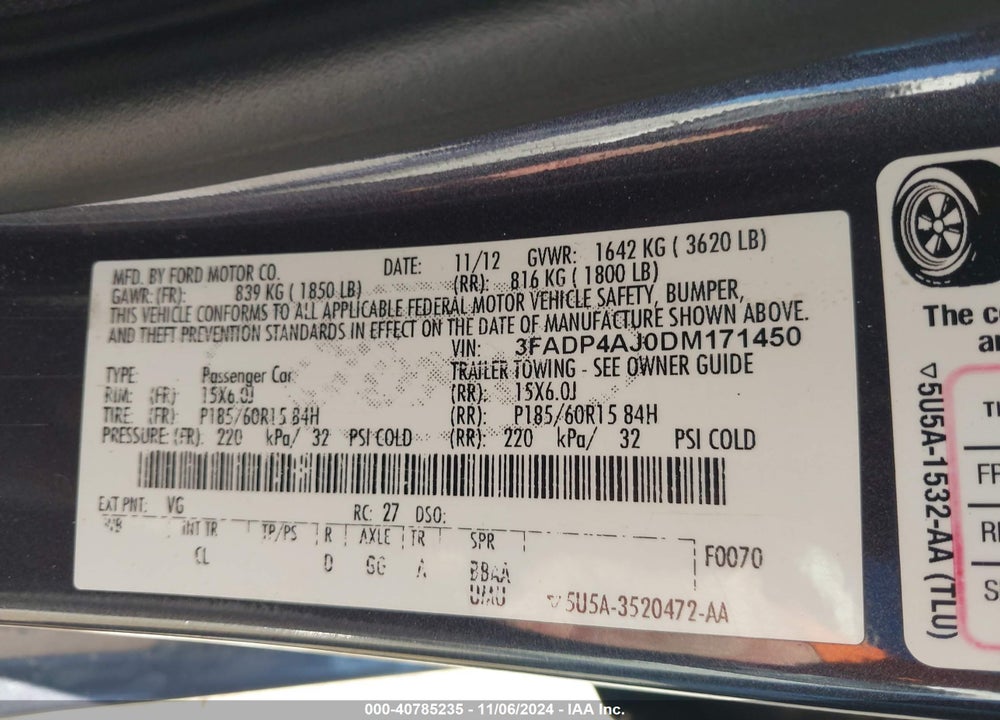 2013 FORD FIESTA S VIN: 3FADP4AJ0DM171450