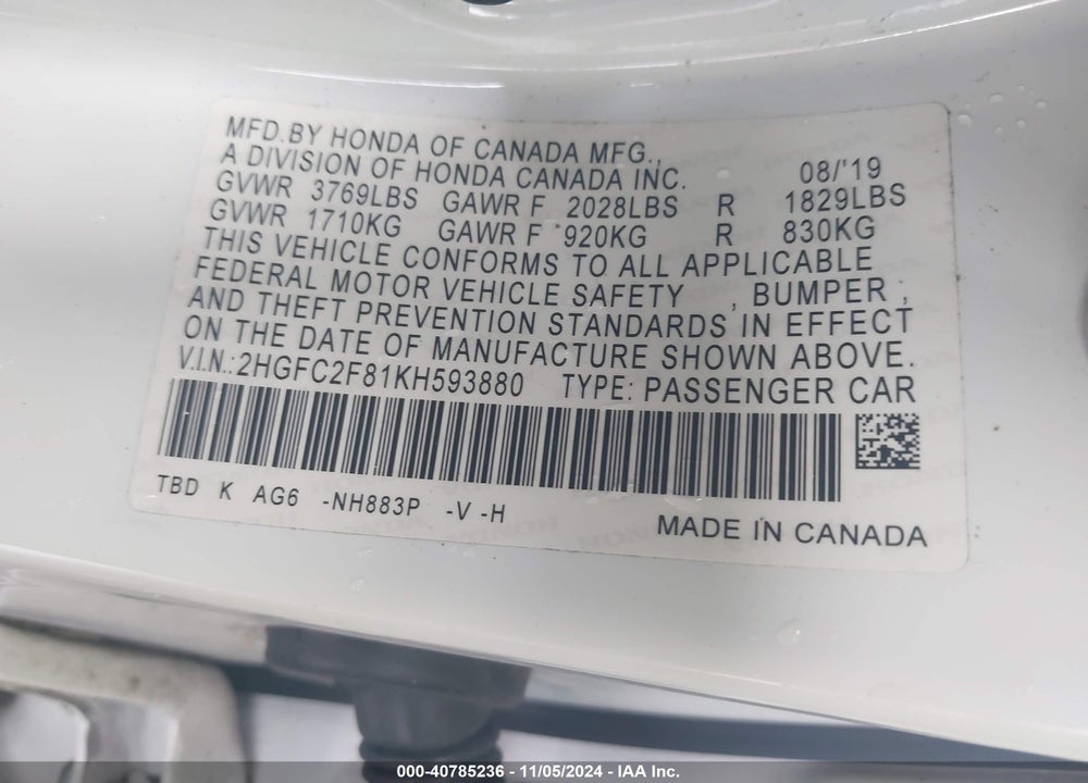2019 HONDA CIVIC SPORT VIN: 2HGFC2F81KH593880