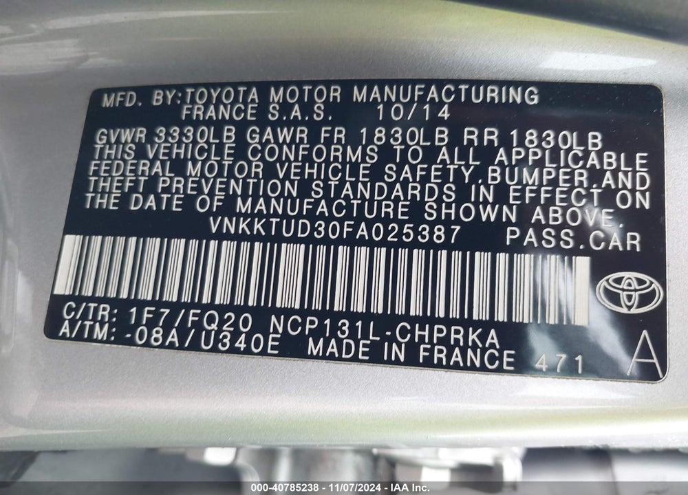 2015 TOYOTA YARIS L VIN: VNKKTUD30FA025387