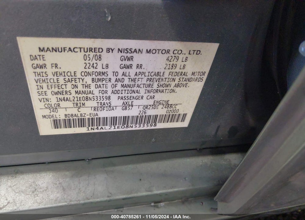 2008 NISSAN ALTIMA 2.5 S VIN: 1N4AL21E08N533598