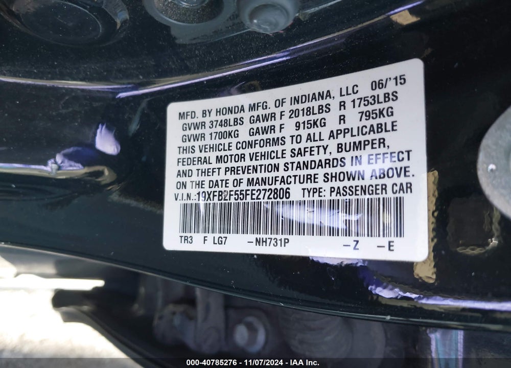 2015 HONDA CIVIC LX VIN: 19XFB2F55FE272806