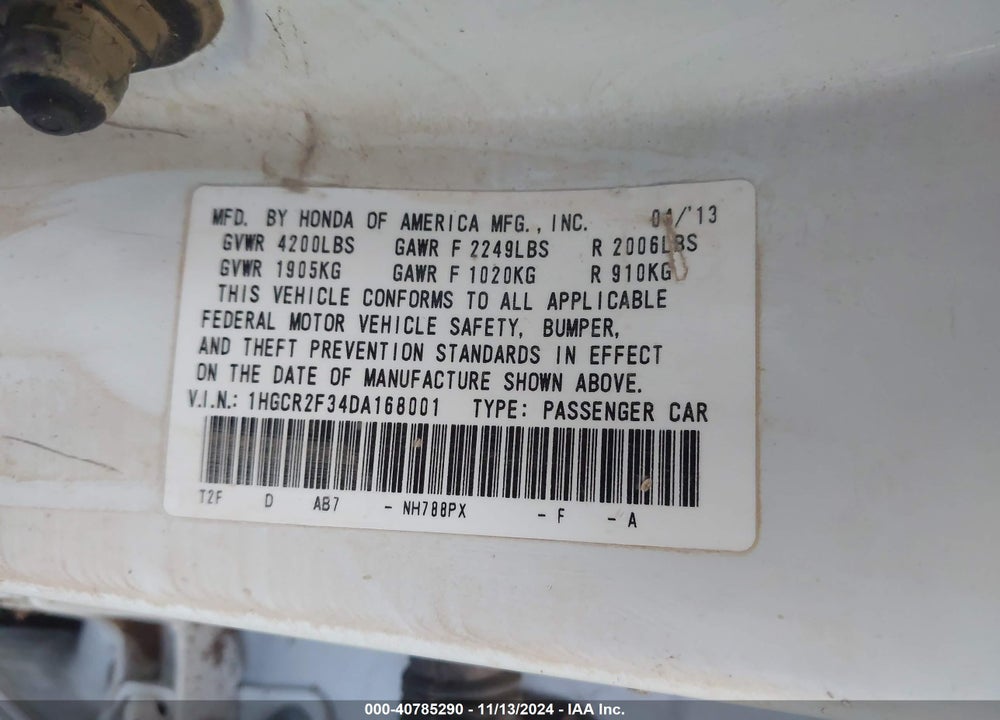 2013 HONDA ACCORD LX VIN: 1HGCR2F34DA168001