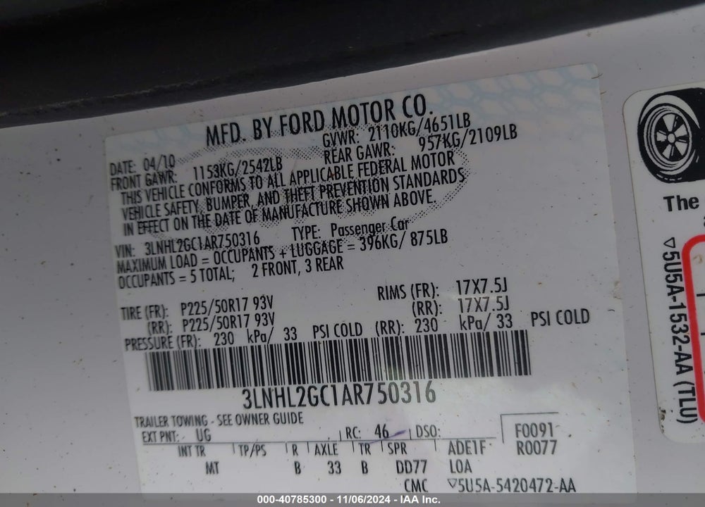2010 LINCOLN MKZ VIN: 3LNHL2GC1AR750316