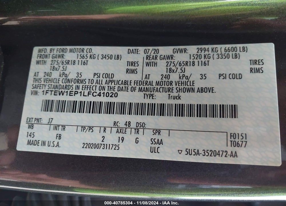 2020 FORD F-150 XLT VIN: 1FTEW1EP1LFC41020
